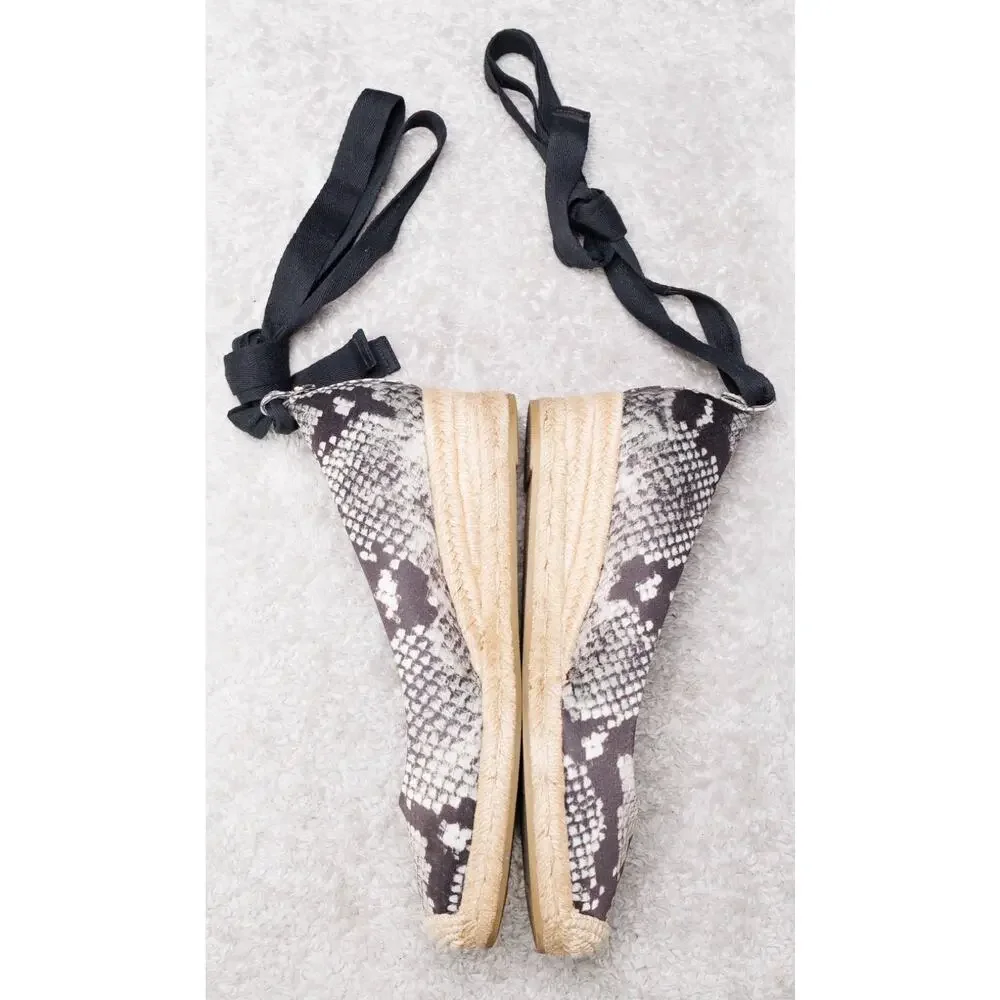 Tory Burch Heather Black Snakeprint Ankle Wrap Satin Wedges Espadrilles Womens 7